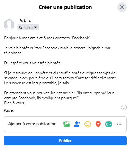Ecrire un message de départ pour annoncer son départ de Facebook